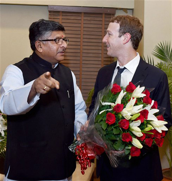 Information Technology Minister, Ravi Shankar Prasad with Chairman  CEO of Facebook, Mark Zuckerberg during a assembly in New Delhi on Friday. (Source: PTI) 