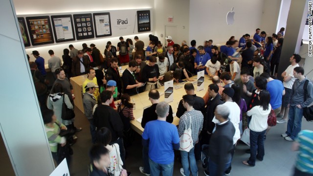 Shoppers line adult outward an Apple Store in a SoHo area of New York to be among a initial to buy an iPad on Apr 3, 2010.