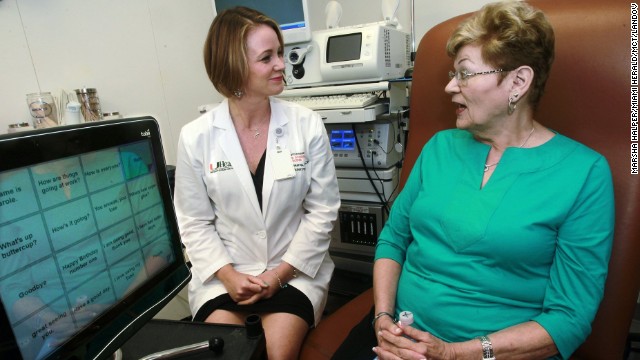 iPads have turn useful collection for people with autism and other disorders. Here debate pathologist Jocelyn Odom in Miami, Florida, helps Carole Shearn, who is 70 and losing a ability to pronounce due to ALS, on a record that allows her to record an total series of phrases to use as her voice diminishes. Shearn annals a phrases by a MicPro app on her iPad and after will use eye-gaze commands to pronounce them aloud.