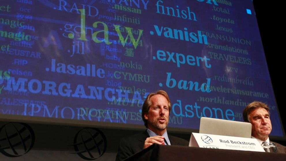 PHOTO: Internet Corporation for Assigned Names and Numbers (ICANN) President Rod Beckstrom, left, and Kurt Pritz, Senior Vice President pronounce on expanding a series of domain name suffixes during a press discussion in London on Jun 13, 2012. 