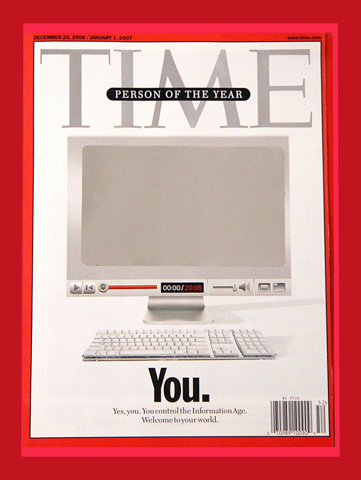 A 2006 cover of Time magazine featuring the “Person of the Year”: “You.” The cover featured a silver reflective surface on the computer screen, designed to reflect the importance of user-generated internet content as a driving force in the modern world.