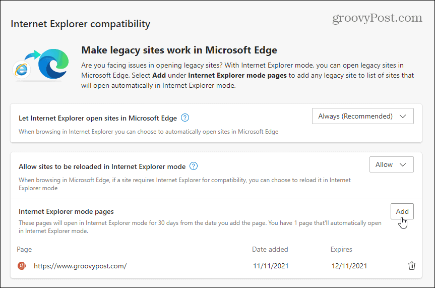 Add site for IE Mode
